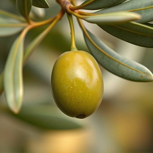 Detalle de una aceituna colgando de una rama, lista para ser recolectada.