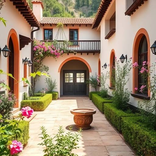 El patio interior de la Hacienda La Merced, adornado con flores y plantas andaluzas.