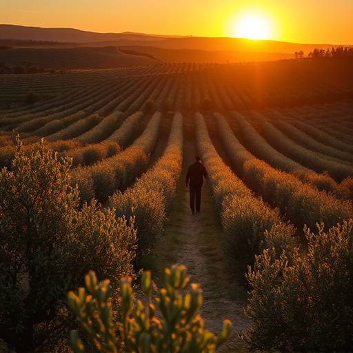 Extensos olivares andaluces bajo el sol poniente.