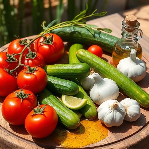 Ingredientes frescos para cocinar platos andaluces, incluyendo tomates, pepinos, ajo y aceite de oliva.