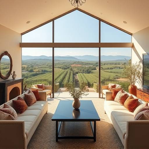 Interior lujoso de una villa rural con vistas a los olivares.