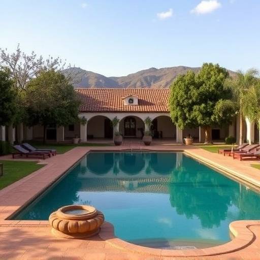 La piscina de la Hacienda Cortijo del Olivar, rodeada de jardines y olivos.