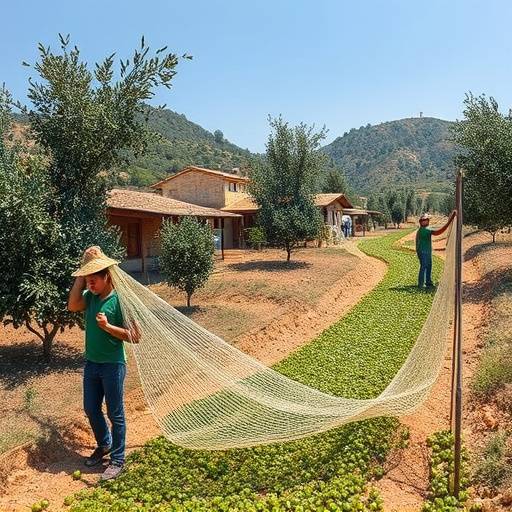 Recolectores de aceitunas trabajando en el olivar con varas y redes.