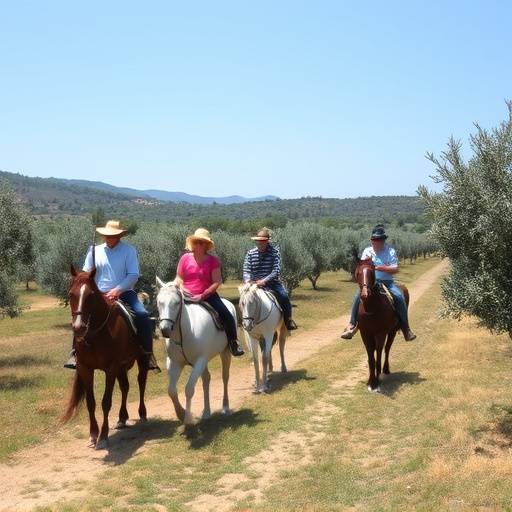 Turistas disfrutando de un paseo a caballo entre olivares.