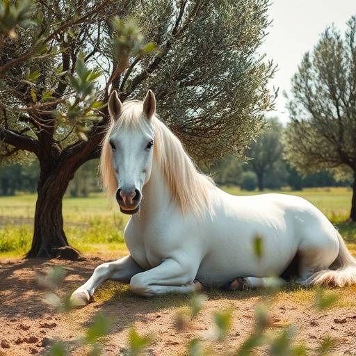 Un caballo blanco descansando a la sombra de un olivo.