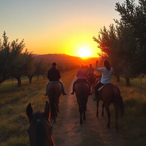 Un grupo de personas a caballo cabalgando por un olivar al atardecer.
