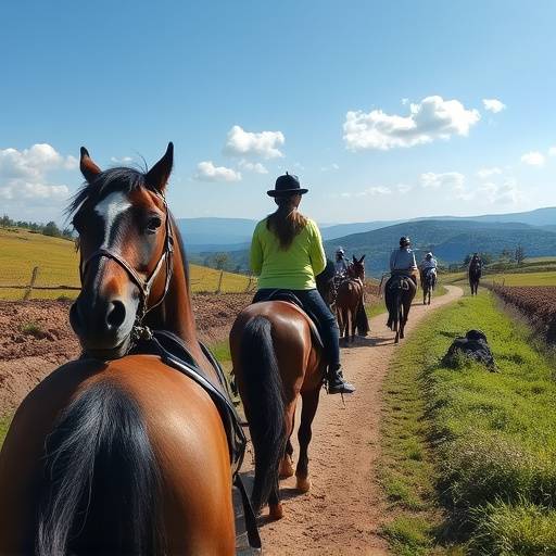 Un jinete experto guiando a un grupo a trav&eacute;s de un camino rural.