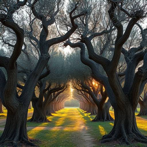 Un olivar centenario en la Hacienda La Merced, con olivos retorcidos por el tiempo.