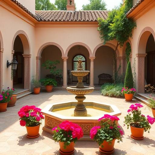 Un patio andaluz con una fuente y macetas de geranios.